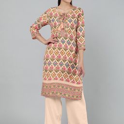 KALINI Floral Printed Tie-Up Neck Cotton Straight Kurta-21