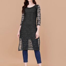 FORKEY Floral Self Design Round Neck Net Straight Kurta-18