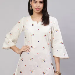 AKIMIA Ethnic Motifs Embroidered Round Neck Notched Pure Cotton Gotta Patti Kurti-picture-43