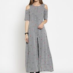 Enchanted Drapes Black & White Striped Cold-Shoulder Sleeves Pure Cotton High Slit Kurta-image-87