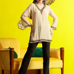 DEBONATELLA Embellished V-Neck Pure Georgette Kurti-image-69
