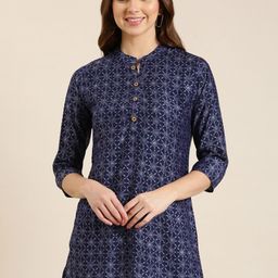 SHOWOFF Ethnic Motifs Printed Mandarin Collar Straight Kurti-image-49