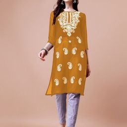 KALINI Embroidered Ethnic Motifs Georgette Straight Round Neck Chikankari Kurta-image-41