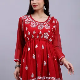 Seva Chikan Paisley Embroidered Lucknowi Chikankari A-Line Kurti-image-55