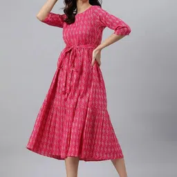 SHOOLIN Ethnic Motifs Printed Cotton A-Line Midi Dress-image-10