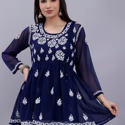 Seva Chikan Floral Embroidered Chikankari A-Line Kurti With Slip-picture-56