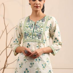Rain & Rainbow Cream-Coloured & Green Floral Printed Pure Cotton Kurti-picture-11