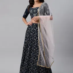 SHUBHKALA Navy Blue & Golden Foil Print Semi-Stitched Lehenga Unstitched Blouse & Dupatta-picture-35