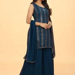 CHANSI Ethnic Motifs Embroidered Sequinned Kurti & Palazzos With Dupatta image 3