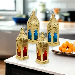 Decorative Hanging Lantern/Lamp with t-Light Candle, Set of 4 Multicolor Metal Hanging Lantern-27