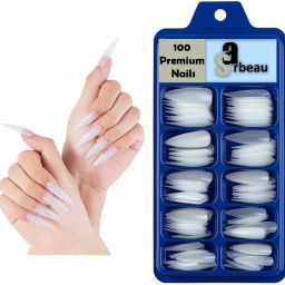 sarbeau 200-Pcs Artificial Nails Set - 100 White & 100 Transparent and 2 Nail Glue Combo Transparent, White image 2