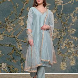 Women Chanderi Kurta Pant Dupatta Set-image-31