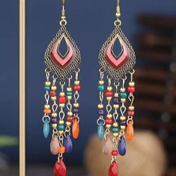Gold Tone Boho Multicolor Beaded Tassel Drop Dangler Earring Beads Alloy Tassel Earring-image-19