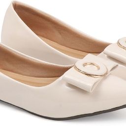 corsica Inkcraft Women’s Stylish Patent Flat Shoes with Bow & Metal Accent – Cream Casuals For Women-picture-2