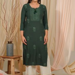 House of Pataudi Green Floral Embroidered Thread Work Straight Kurta-image-92