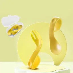 Babymoon Infants 3Pcs Yellow Learn to Eat Fork & Spoon Set image 1