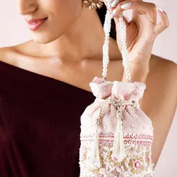 Rubans Pink & White Coloured Potli Bag With Golden And White Pearl Embroided Design-57