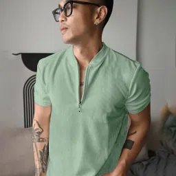 Men Solid Henley Neck Polyester Green T-Shirt-image-92