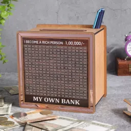 Wooden Piggy Bank with 1,00,000 Savings Tracker | Goal-Oriented Money Bank Coin Bank-picture-26