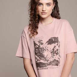 Women Printed Round Neck Pure Cotton Pink T-Shirt-image-46