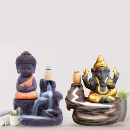 Combo, Smoke Monk Buddha / Monk/Smoke Fountain/Smoke/ idol / Pooja Ghar/Home Decor/House Warming/ indoor & outdoor Decor / Dhoop Batti Stand/Showpiece / Decorative Showpiece /Monk Idol Dhup Batti Stand/ Figurines Statues/Statues with Back-Flow Waterfall Cone Incense with 20 Incense Cone Holder Decorative Showpiece for Home Office Decor, Design Showpiece for Home Decoration and Gifting and Return Gift - (Orange & Golden) Polyresin Incense Holder Set (Multicolor) Polyresin Incense Holder Set-image-53