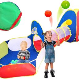 3-in-1 Kids Playhouse Tent with Tunnel & Basketball Pit | 25 Balls-picture-17