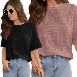 Pack of 2 Women Solid Round Neck Cotton Blend Pink T-Shirt-image-33