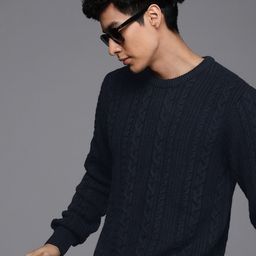 wrogn Men Self Design Round Neck Blue Sweater-picture-24