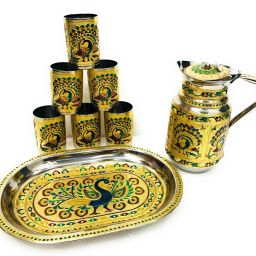 Steel Meenakari Flower Design Drinking Glass with Serving Tray & Jug Golden Jug Glass Tray Set-image-9