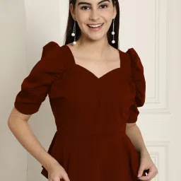 Party Puff Sleeves Solid Women Maroon Top-image-4