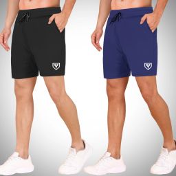 Pack of 2 Solid Men Black, Dark Blue Sports Shorts-image-44