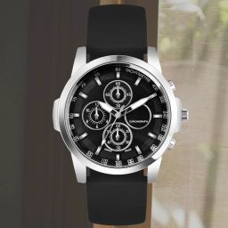 Attractive wristwatch with silver case, black dial, silicon strap Analog Watch - For Men Bold black silicon strap analog watch with charm-image-57