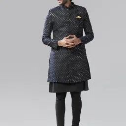 Kisah Kisah Men Dark Blue Kurta Sherwani Churidar Set Self Design Sherwani-image-44
