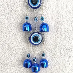 Evil Eye Wall Hanging Wind Chime with Blue Bells and Tassel – Protective Glass, Aluminium, Plastic Windchime-14