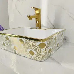 Premium Designer Table Top Counter Top Golden WashBasin Gold Ceramic WallMounted 4101(L41 X W30 X H13Cm) Very Stylish Bathroom Golden Ceramic Wall mounted Table Top Basin-image-59