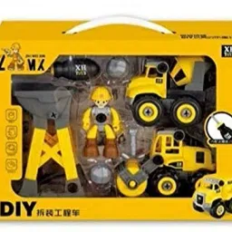 Set of 2 Unbreakable & Moveable Part Bulldozer, Mixer & Crane Truck Toy Vehicl-9