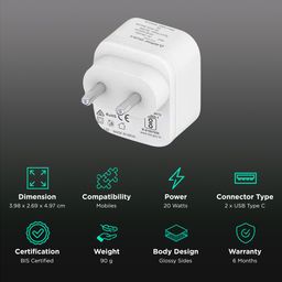 stuffcool Celox2 20W Type A & Type C 2-Port Fast Wall Charger (Adapter Only, BIS Certified, White) image 2