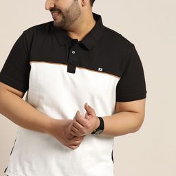 Sztori Men Plus Size White & Black Pure Cotton Colourblocked Polo Collar T-shirt-picture-16