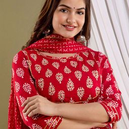 RANGREAL Women Floral Printed Regular Gotta Patti Pure Cotton Kurta with Trousers & With Dupatta-picture-27