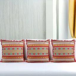 Decoghar Red & Cream 3 Pieces Ethnic Motifs Embroidered Cotton Square Cushion Covers-11