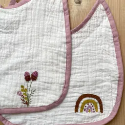 Bhaakur Kids Set Of 2 White & Pink Embroidered Muslin Bibs-1