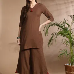 aayusika V-Neck Three-Quarter Sleeves Tunic & Palazzos Cotton Flax Co-Ords-32