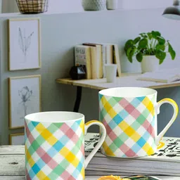 GOODHOMES 2 Pcs White & Blue Checked Bone China Glossy Coffee Mugs - 360 ML-31