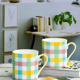 GOODHOMES 2 Pcs White & Blue Checked Bone China Glossy Coffee Mugs - 360 ML-17