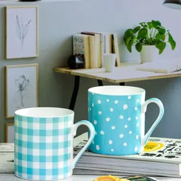 GOODHOMES 2 Pcs White & Blue Printed Bone China Glossy Coffee Mugs - 360 ML-3