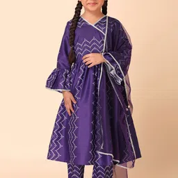 Miss Indya Girls Leheriya Printed Bell Sleeves Angrakha Kurta & Trousers With Dupatta-picture-20