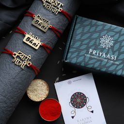 Priyaasi Red Set of 4 Wooden Thread Rakhis with Roli Chawal & Card-image-94