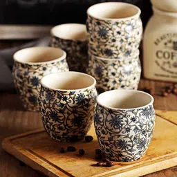 MIAH Decor White & Blue 6 Pcs Floral Printed Ceramic Matte Kulladhs 190 ml Each-7