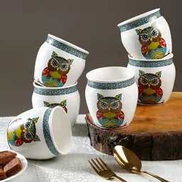 Arrabi White & Green 6 Pieces Printed Ceramic Matte Kulladhs 200ml Each-58