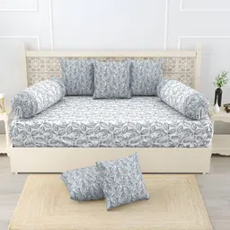 Salona Bichona Grey & White 8 Pieces Floral Printed Print Pure Cotton Diwan Set-picture-1